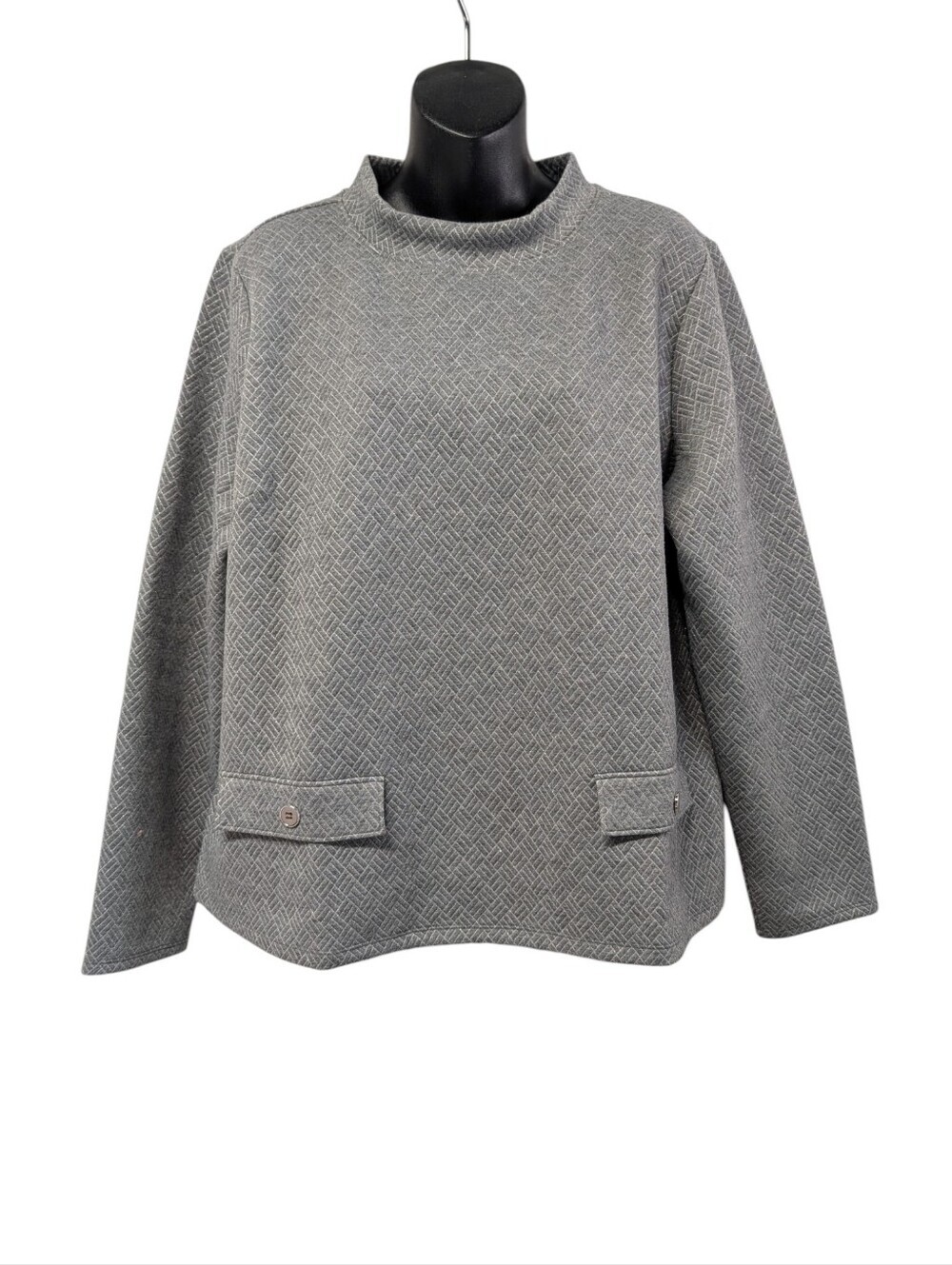 Liz Claiborne Women's Size XL Gray Silver Long Sleeve Top Faux Pockets Crew Neck